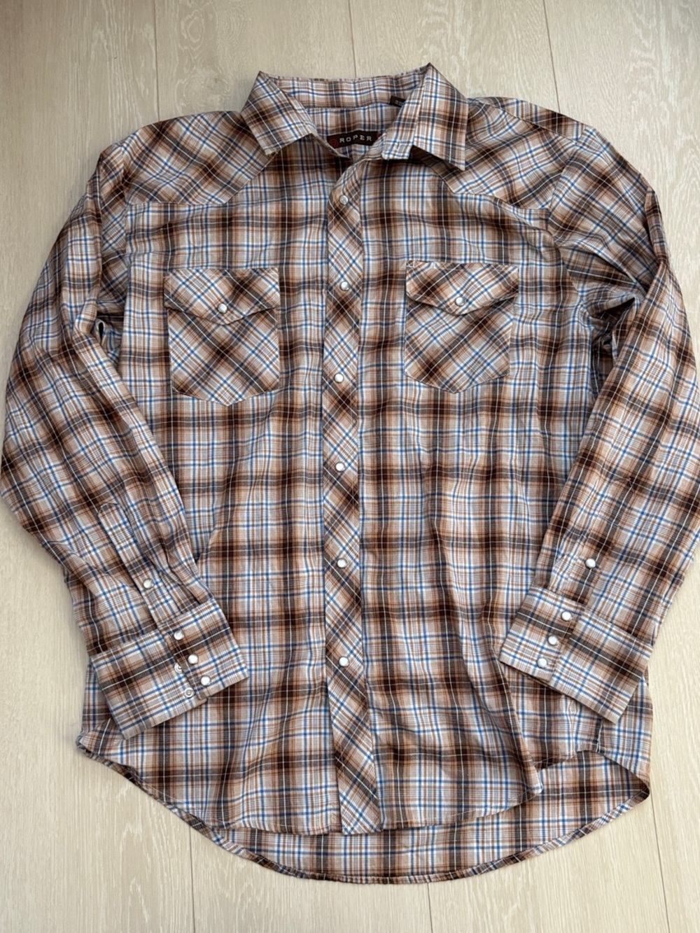 Roper Men's Brown and Blue Plaid Long-Sleeve Button-Down Shirt